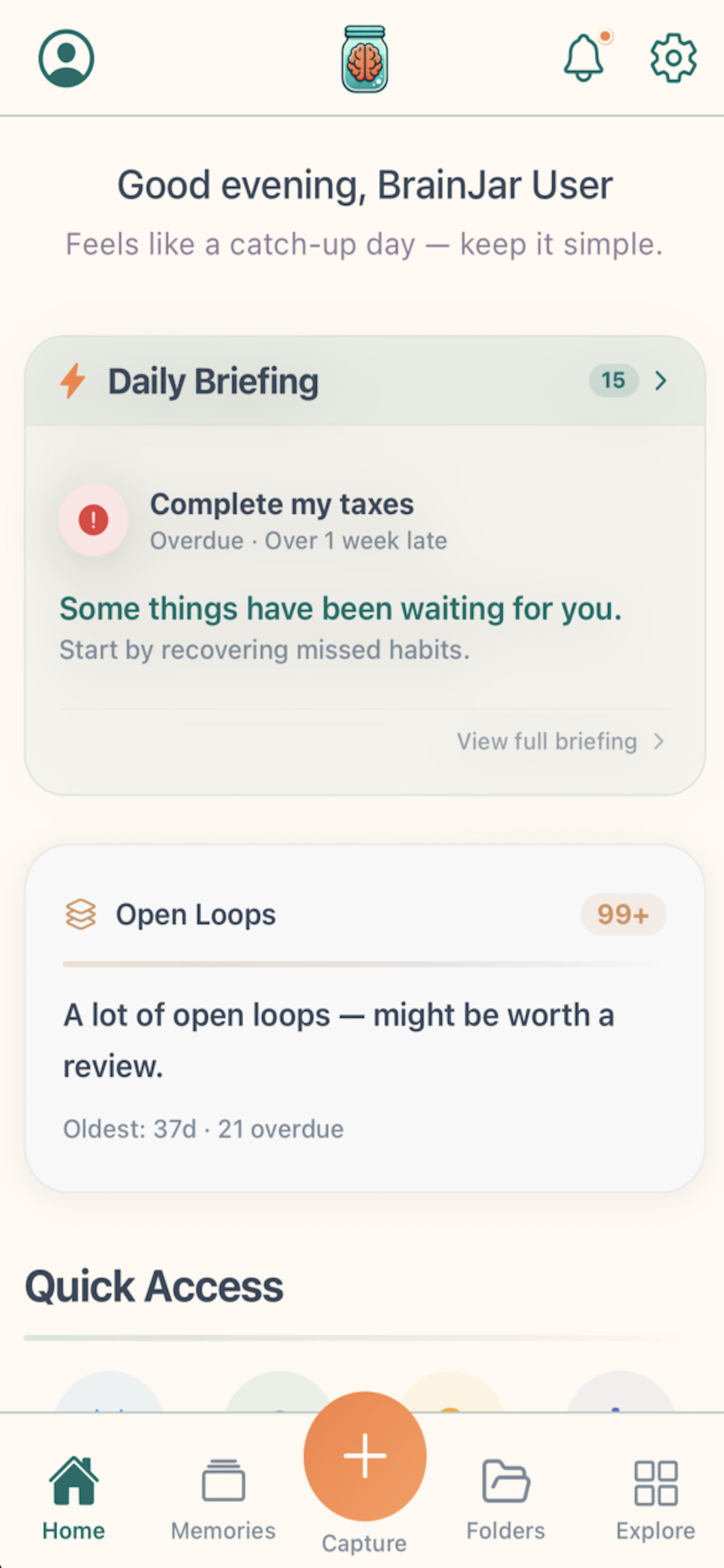 BrainJar Home — Daily Briefing, Open Loops, and Quick Access